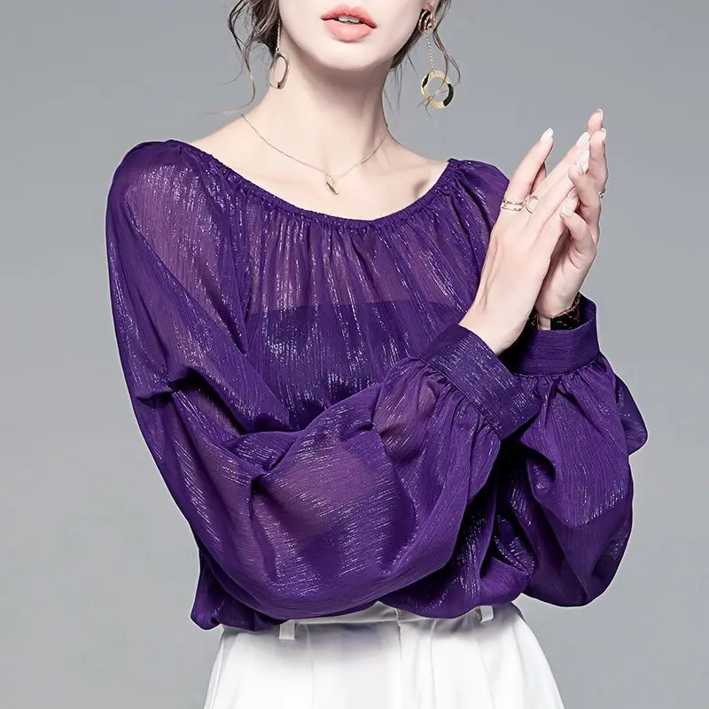 Women Fashion Elegant Sexy See Through Blouses Office Lady Luxury Bright Silk Commute Shirts O Neck Long Sleeve Solid Loose Tops