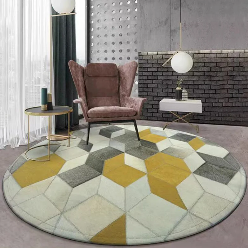 

Real Cowhide Round Carpet Genuine Calfskin Living Room Rug Yellow Plaid Patchwork Area Rug for Bedroom Bedside Sofa Table Mat