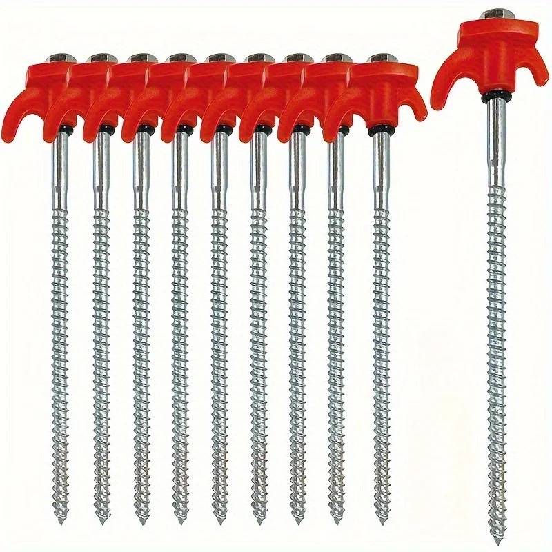 Image of Robuste 4-teilige Sechskant-Zeltheringe aus Eisen - Roter Kunststoffgriff & Metallschrauben - Camping- und Outdoor-Ausrüstungszubehör