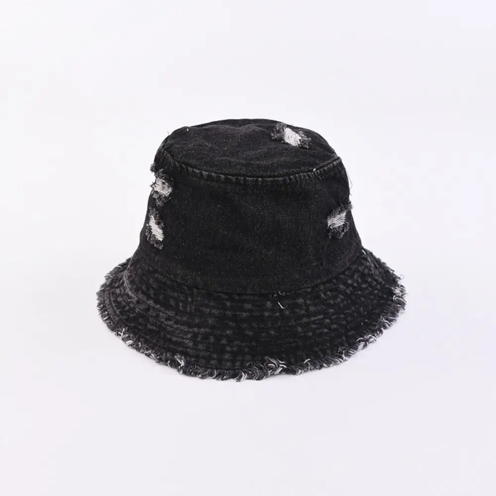 Korean Style Denim Bucket Hat Washed Denim Large Brim Sun Protection Hat Frayed Edge Solid Color Fishermen Caps Climbing