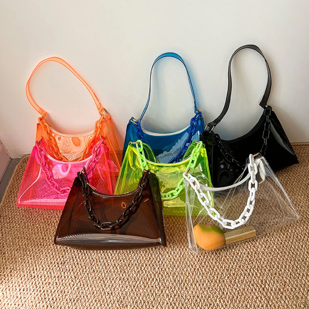 2023 Fashion Women\'s PVC Jelly Shoulder Bag Ladies Solid Color Mini Chain Underarm Bag Transparent Simple Zipper Handbag Clutch