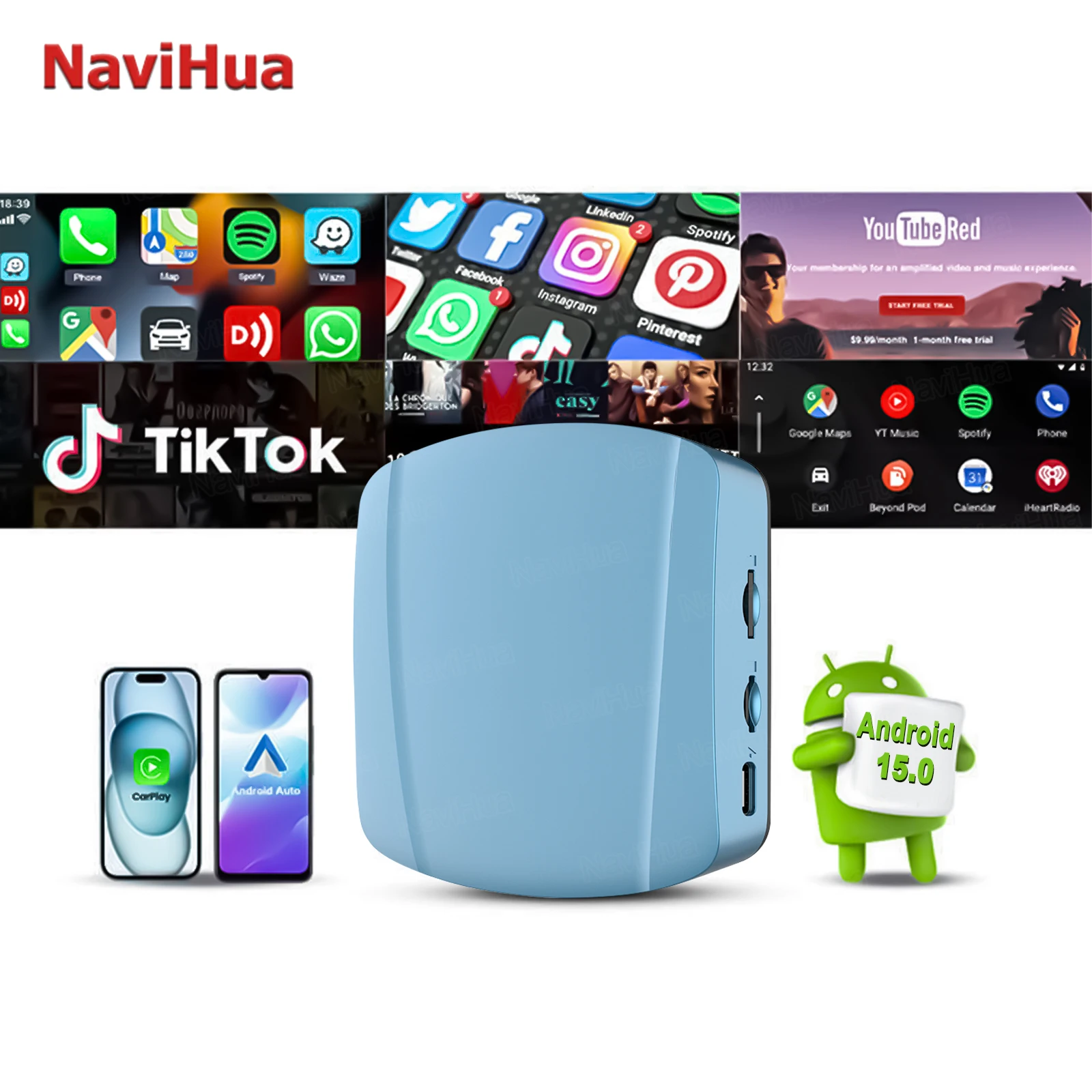 

NaviHua Latest Android 15 Car AI Box Video Box Auto Wireless Carplay Portable 8GB 256GB Youtube Netflix Playstore New Upgrade
