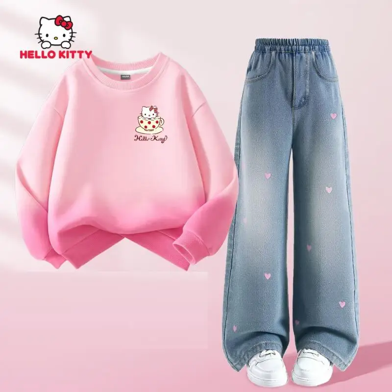 

Sanrio Hello Kitty Girl Sets Children Autumn Spring Gradient Color Tops Pants Kawaii Cartoon Anime Fashion New Casual Clothing