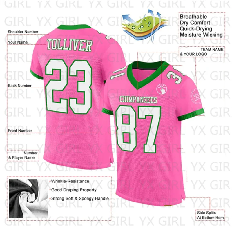 Custom Pink White-Grass Green Football Jersey Personlized Team name and you name number V-Neck Football T-Shirts