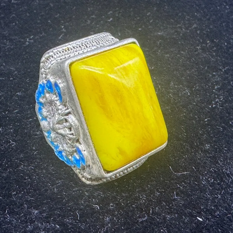 Men Bold Open Vintage Tibetan Silver Cloisonne Ring Hand‑Inlaid Amber Setting Retro Antique Adjustable Finger Jewelry Collectib
