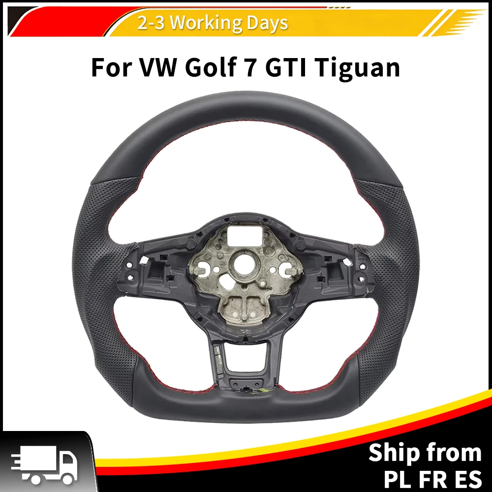 Coprivolante in pelle semi-perforata con fondo piatto e cuciture rosse per VW Golf 7 7.5 GTI Tiguan 2013-2019, accessori per auto Volkswagen, stile sportivo