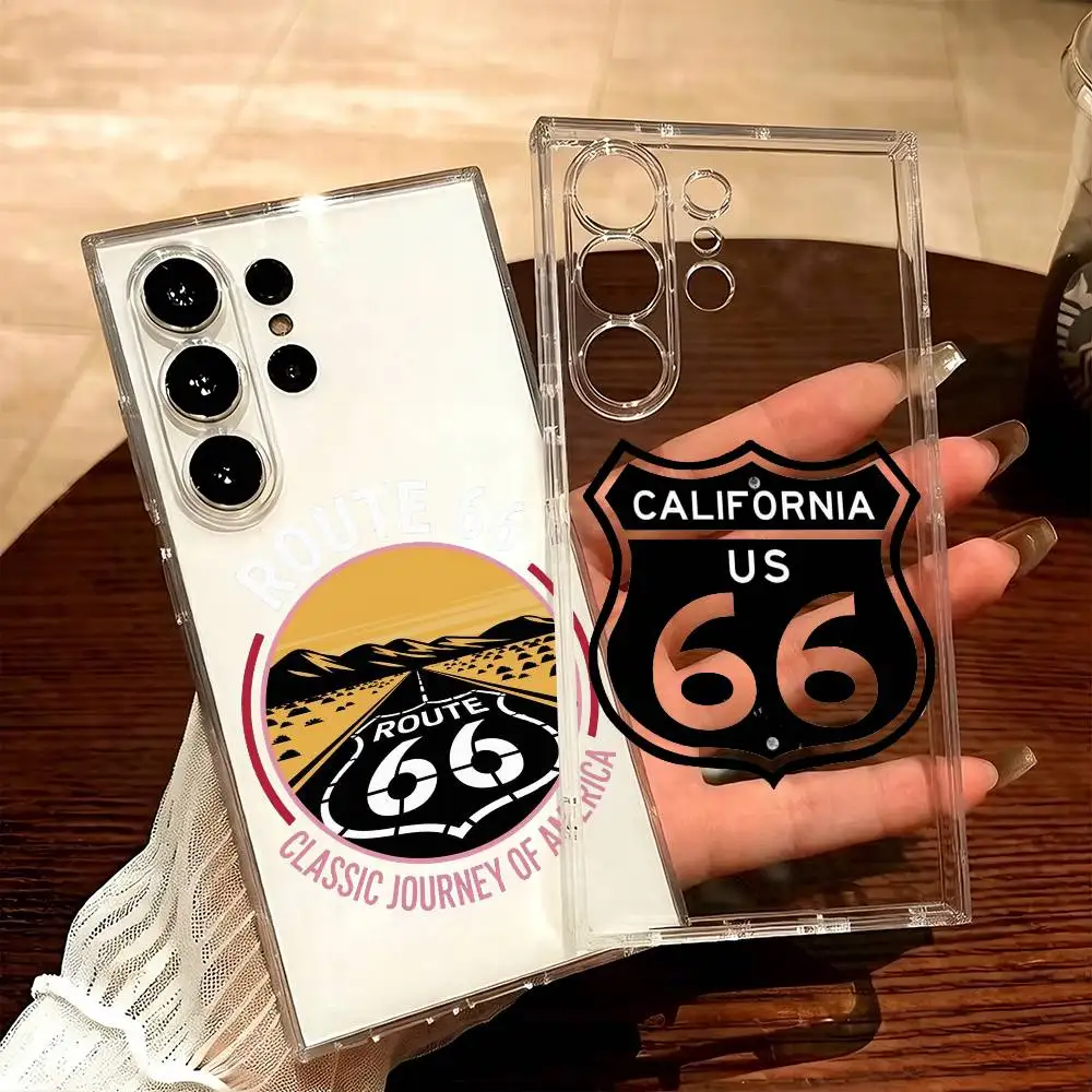 

Classic Route US-66 Printing Phone Case For Samsung S25,S24,S21,S22,S23,S20,Ultra,Plus,lite,fe,5G Transparent Cover