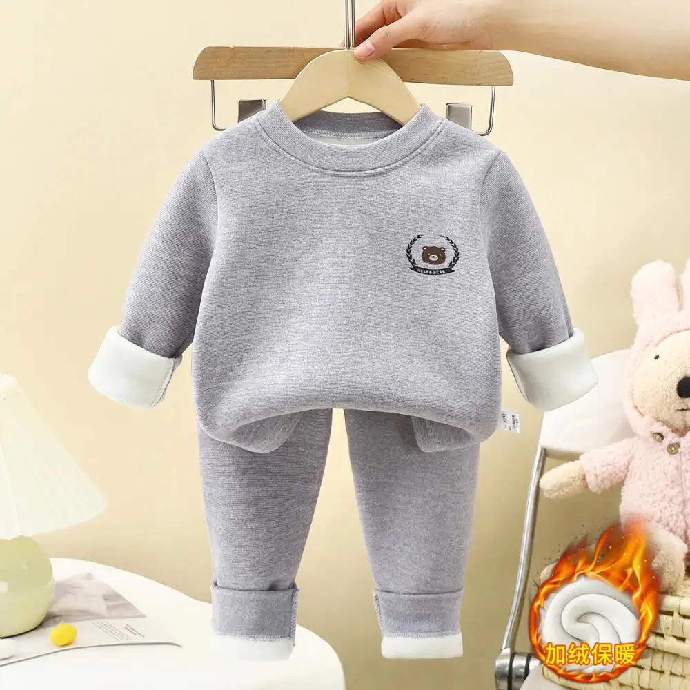 الشتاء الأطفال الملابس الدافئة مجموعة ملابس الطفل إضافة الصوف سميكة الدفء طويلة الأكمام جولة الرقبة ملابس داخلية الطفل #3