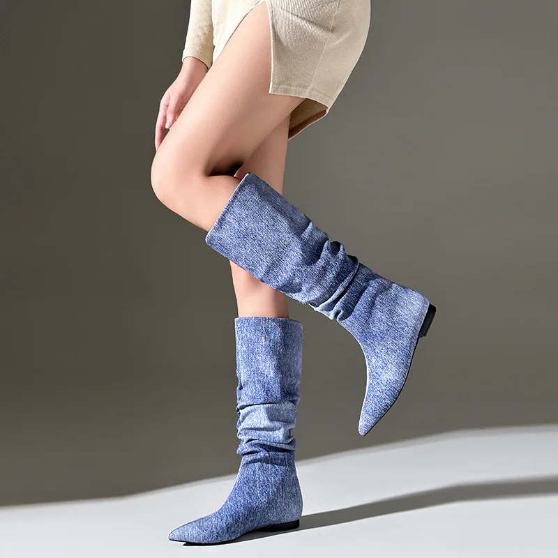 2024 Silver Flat Bottomed Fashion Pleated Boots 36-47 Stone Grain Knee High Boots Pointed Denim Blue Low Heels Sexy Women Shoes