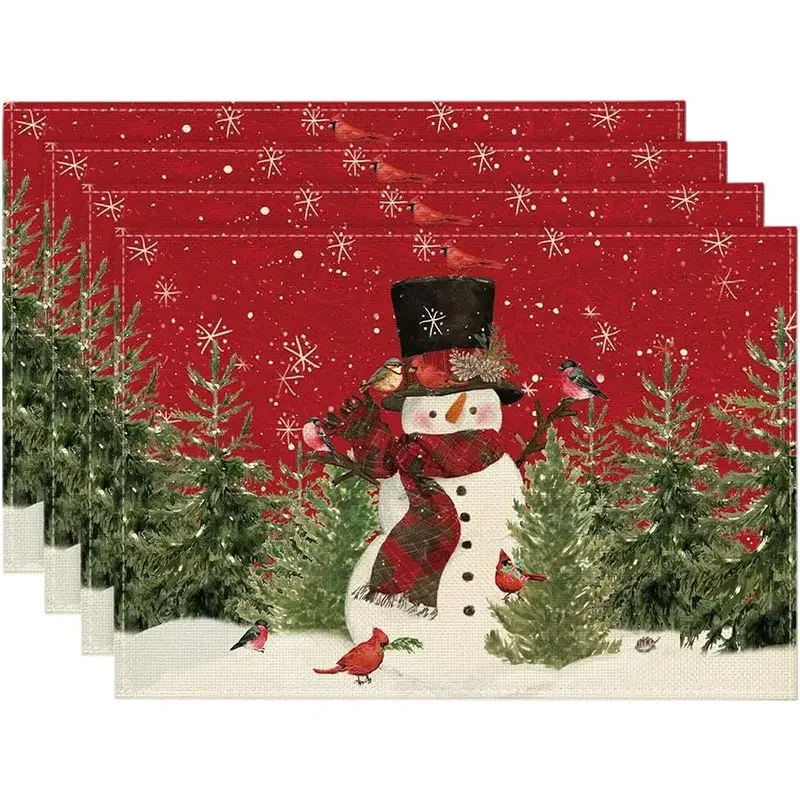 Snowman Cardinals Trees Christmas Placemats for Dining Table Seasonal Winter Xmas Holiday Rustic Vintage Washable Table Mats