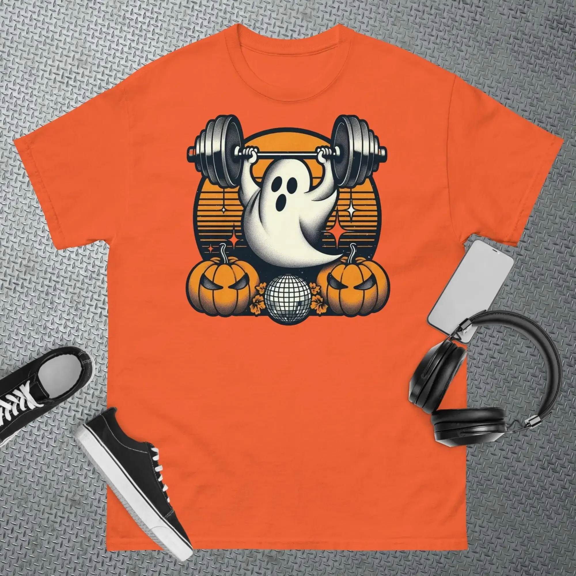 Vintage Halloween Disco Ghost T Shirt Cute Lifting Weight Workout Pumpkin Retro Weightlifting
