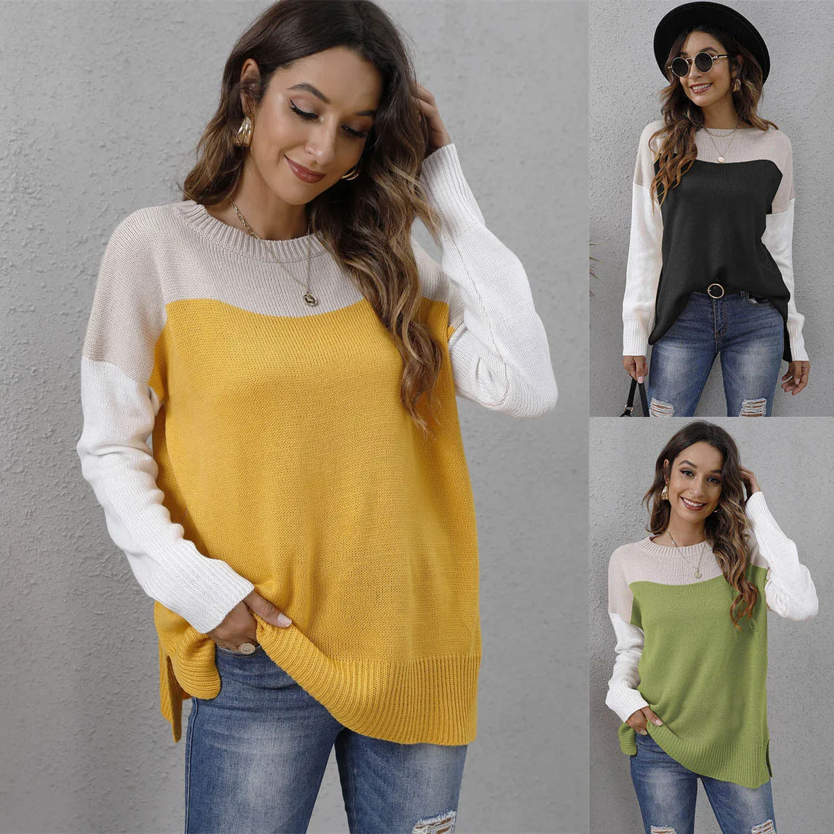 

Women's Pullover Knitted Sweater Women's Clothing Autumn And Winter New Sweater Contrasting Colors Splicing Loose Casual Sweater