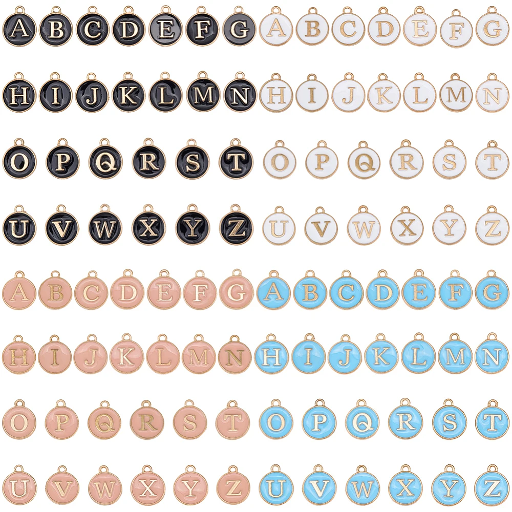 104Pcs 4 Colors Alphabet Enamel Charms Flat Letter Charms A to Z Letters Initial Flat Round Disc Double Sided Small Alloy