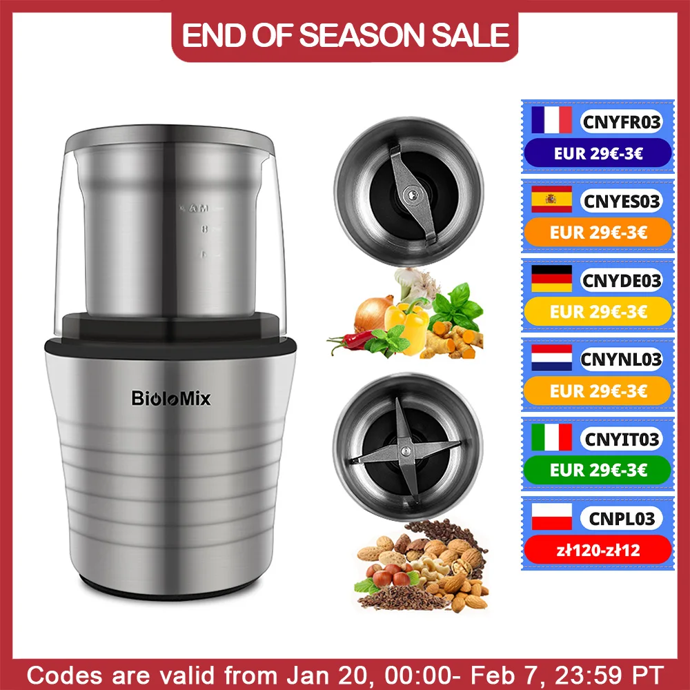 BioloMix 2-in-1 Wet and Dry Double Cups 300W Electric Spices and Coffee Bean Grinder Stainless Steel Body and Miller Blades