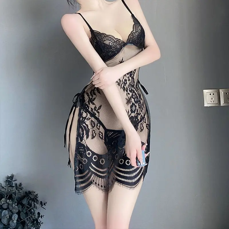 

Sexy Lingerie Print Embellishment Slip Dress Perspective Comfort Breathable and Cool Side Slit Hemline for Women Cosplay