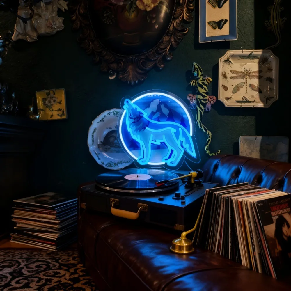 Blue Wolf Howling At Mountain LED Neon Light Dimmable USB Powered for Living Room Study Wall Decor Nature Animal Lover Gift Art