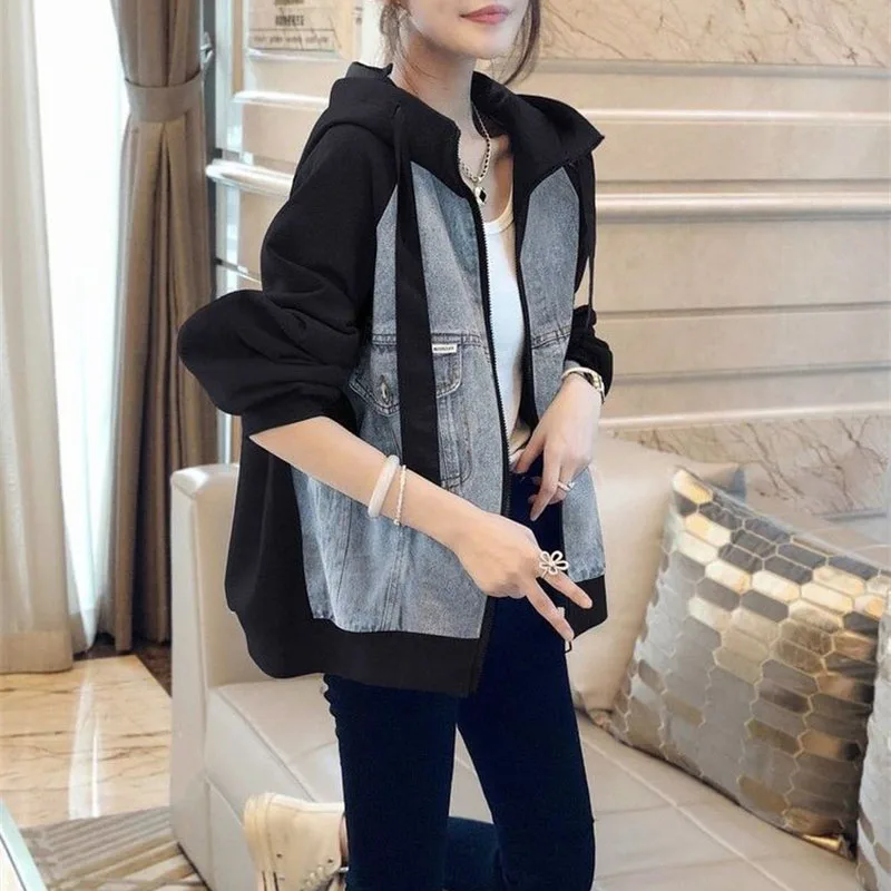 

European Goods Women Cowboy Denim Coat Female Loose Fitting Hooded Baseball Jacket Autumn Winter Ladies Splicing Jeans Coat