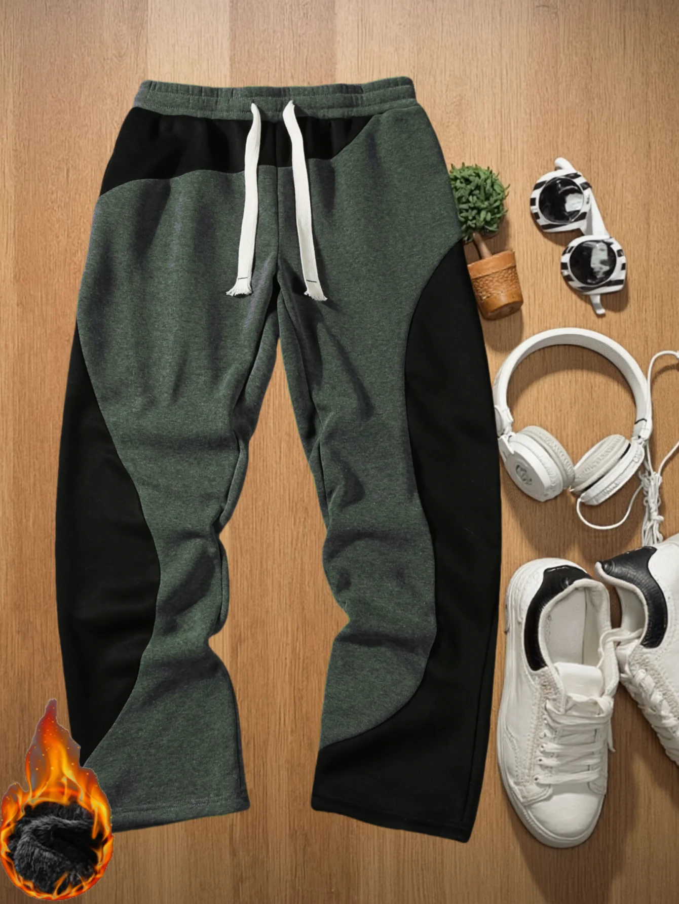Men Black Brown Color‑Block Fleece Lined Trousers Drawstring Elastic Waist Loose Fit Winter Casual Streetwear Sweatpants