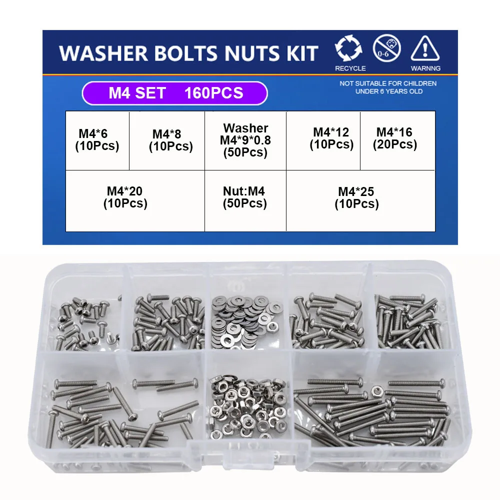 M2 M3 M4 M5 M6 Hex Socket Screw Nut Washer Set Hexagon Metric Thread Machine Allen Bolt Assortment Kit 304 Stainless Steel Screw