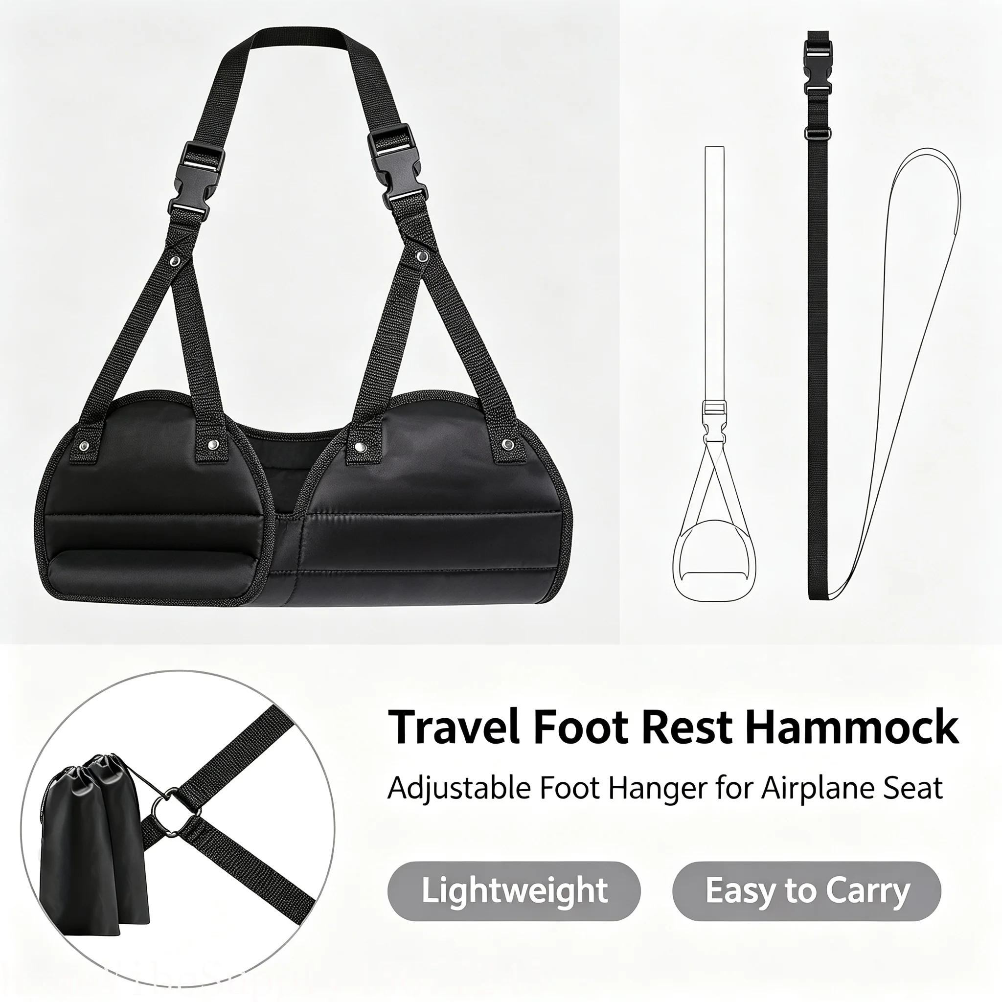 2Pcs Airplane Foot Hammock, Portable Adjustable Height Travel Foot Rest Leg Sling Hanger, Flight Footrest for Plane Train Office Use
