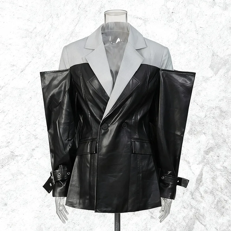 ZAMOR HIGH QUALITY Women's European Street Style Jacket 2026 New PU Leather Splicing Fake Two Piece Color Block Design Blazer Co