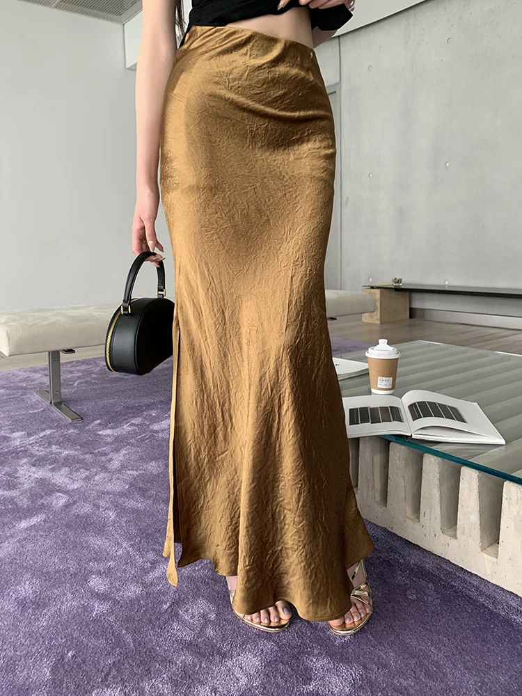 SMTHMA 용수철 여성 하이웨이스트 슬리밍 스플릿 롱 스커트, 식초 새틴 솔리드 스커트, 캐주얼, 여름 신상