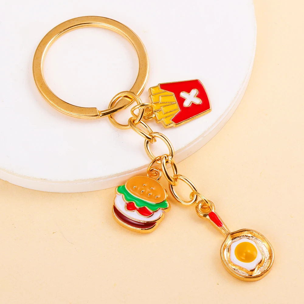 Creative Metal Enamel Fried Egg Chips Hamburger Food Pendants Keychains For Women Men Bags Car Key Accessories Party Free Gifts