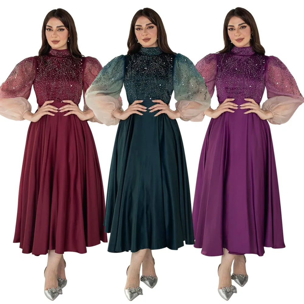 

Ramadan Moroccan Muslim Women's Luxury Fashion Hot Diamond Robe with Bubble Sleeves Evening Dress Gradient Color Dress