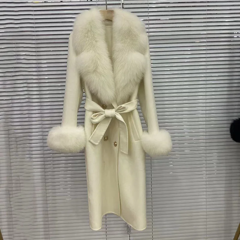 2024 Long Women Wool Cashmere Blended Coat with Big Real Fox Fur Collar Fashion Winter Jacket double breasted Belt Outwear Cuff