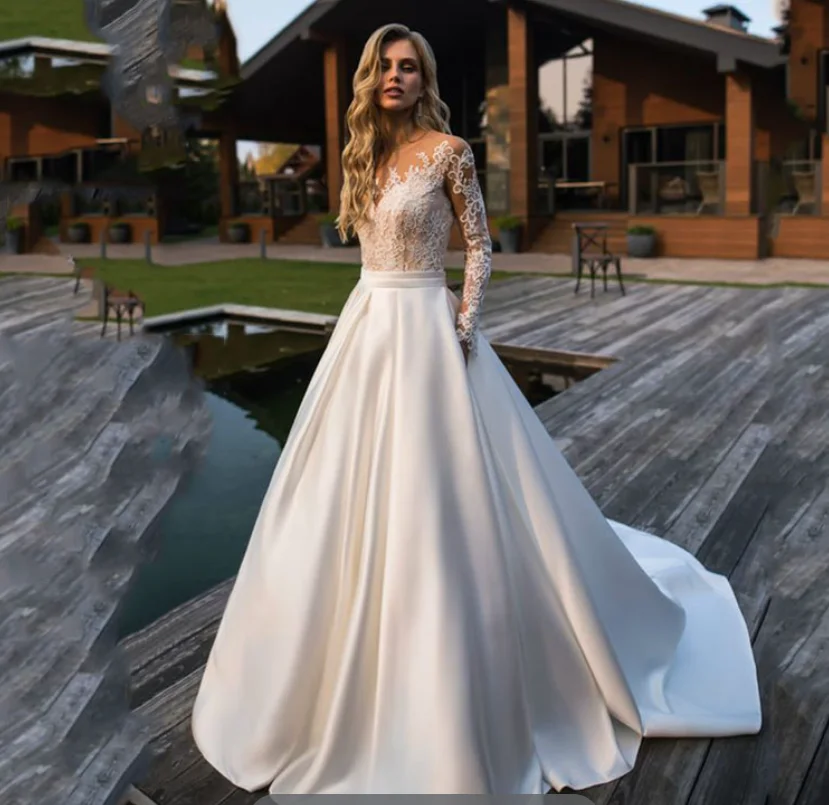 Haute Couture Lv gaun pengantin applique kerah bulat putih lengan panjang lantai panjang lipatan Satin gaun pernikahan A-LINE