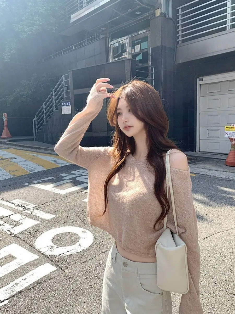Tao Ju Soft Mist Shoulder Bared Sweater Women's Simple American Style Knitted Top Casual Loose Fit Regular Length Autumn Wear