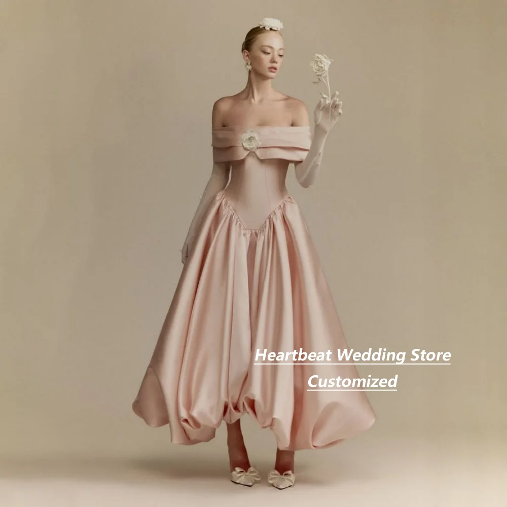 Customized Blush Pink Satin Evening Dress Off Shoulder 3D Floral Corset Bodice High Low Puffy Ankle Length Formal Party
