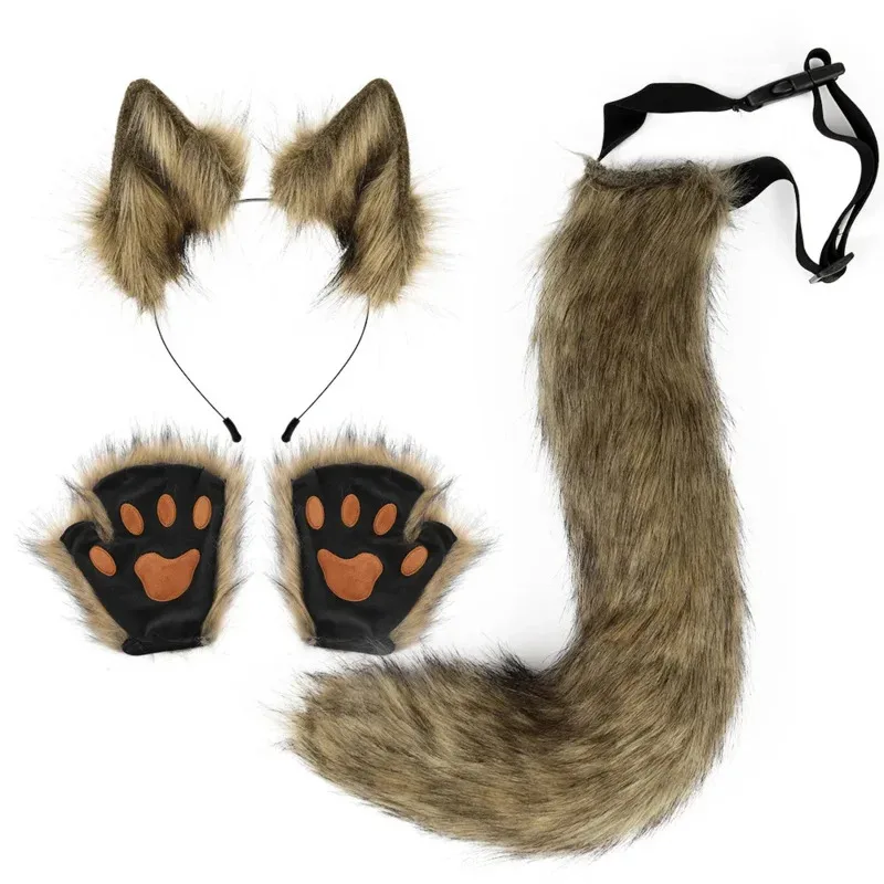 

Fluffy Animal Ears Headband Furry for CAT Ears Hair Gloves Tail Set for Halloween Christmas Fancy Dress Up Party Props