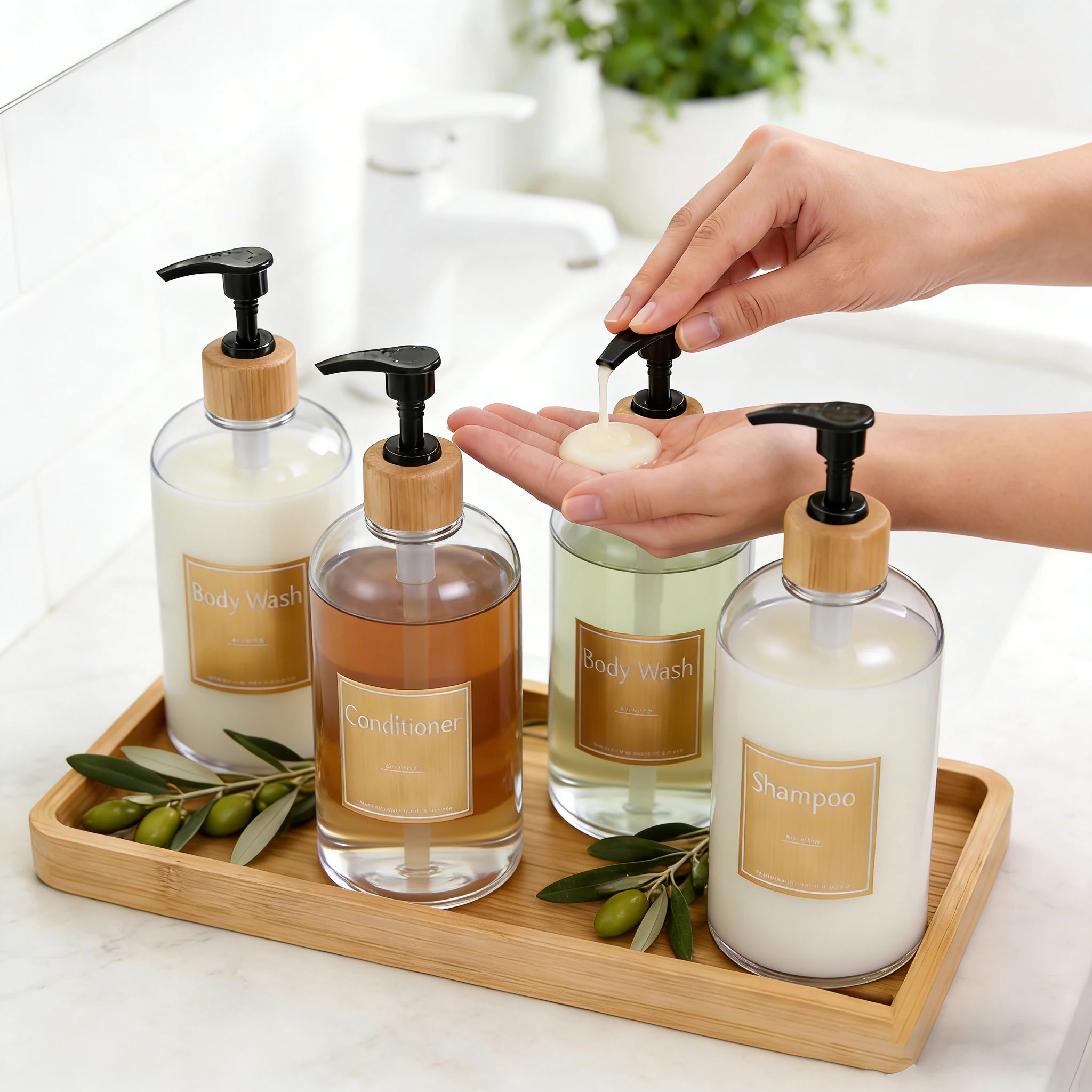 5 Pack Bathroom Bottles for Shampoo and Conditioner, 16oz Refillable Containers for Kitchen Hand and Dish Soap, with Labels