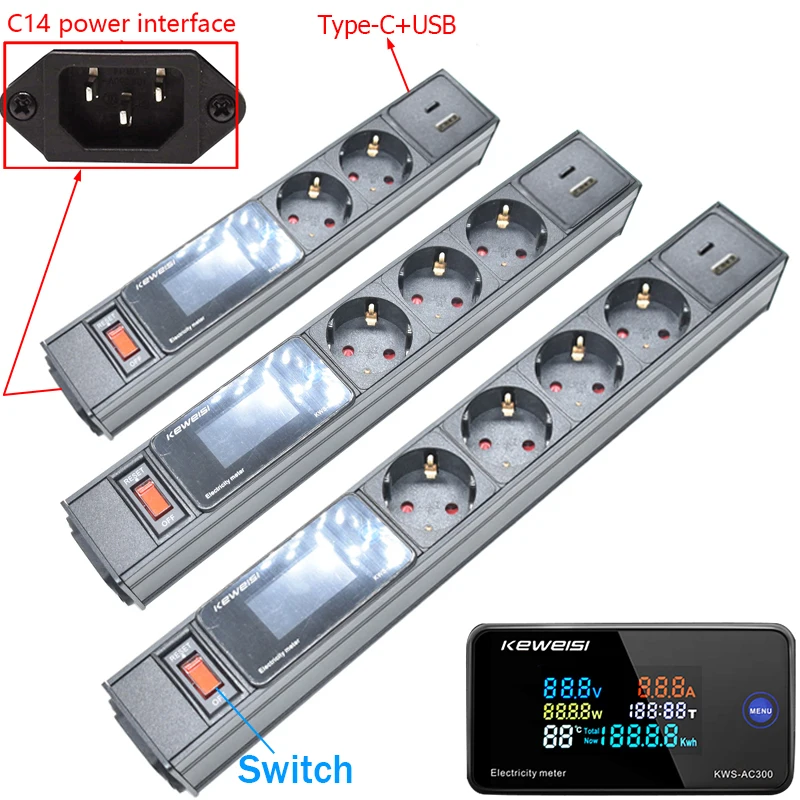 EU Power Strip with Switch USB+Type-C Power Energy Volt Watt Kwh Meter 2/3/4/5/6/7/8/9 Ways EU Socket Extension C14 interface