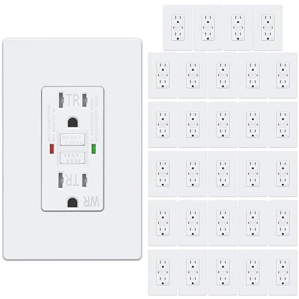 جديد - 30 قطعة بيضاء من منافذ GFCI 15 أمبير، مقاومة للطقس في الهواء الطلق (WR)، أوعية GFI ذاتية الاختبار مع مؤشر LED - الأكثر مبيعًا!