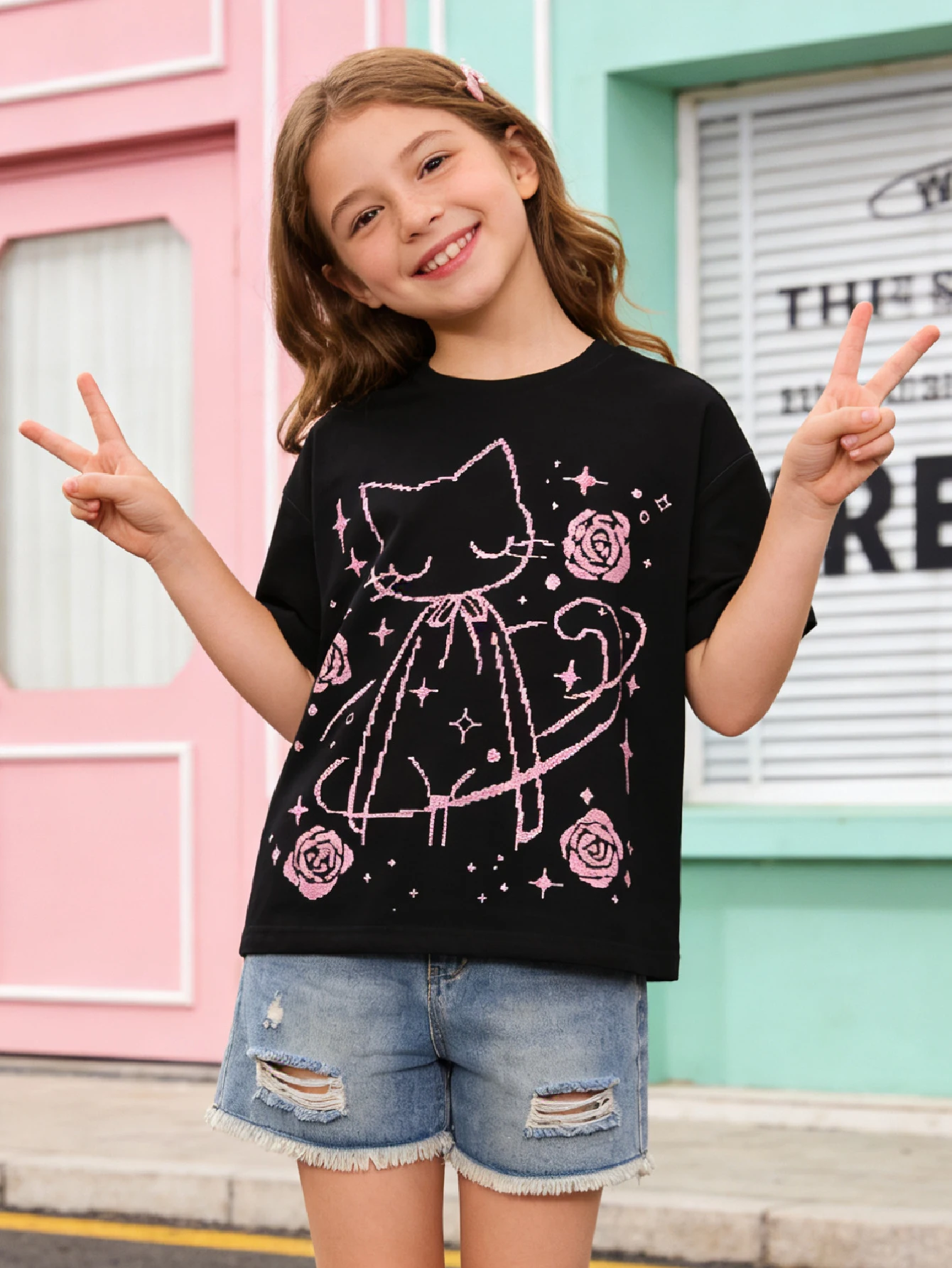 

2026 Girls Cartoon Printed Short Sleeve T-Shirt, Loose Summer Casual Fashion Top
