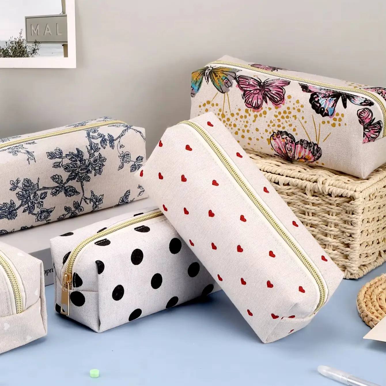 Premium Linen Canvas Student Pencil Case, INS Girly Butterfly Floral Polka Dot Heart Print Zipper Stationery Cosmetic Storage