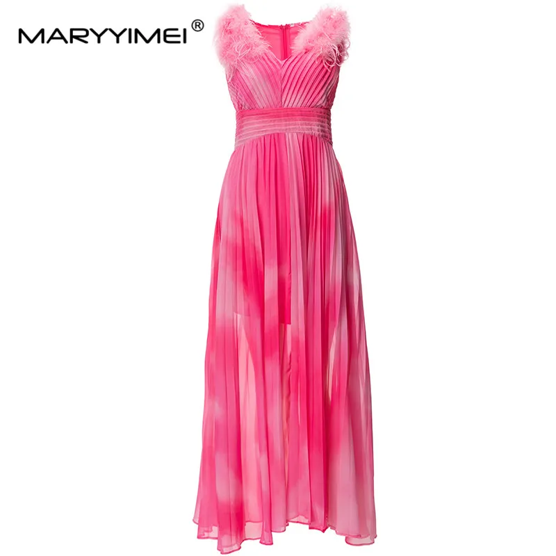 Maryimei Fashion Designer Summer women's Dress con scollo a v Feather senza maniche Beach vacation abiti pieghettati