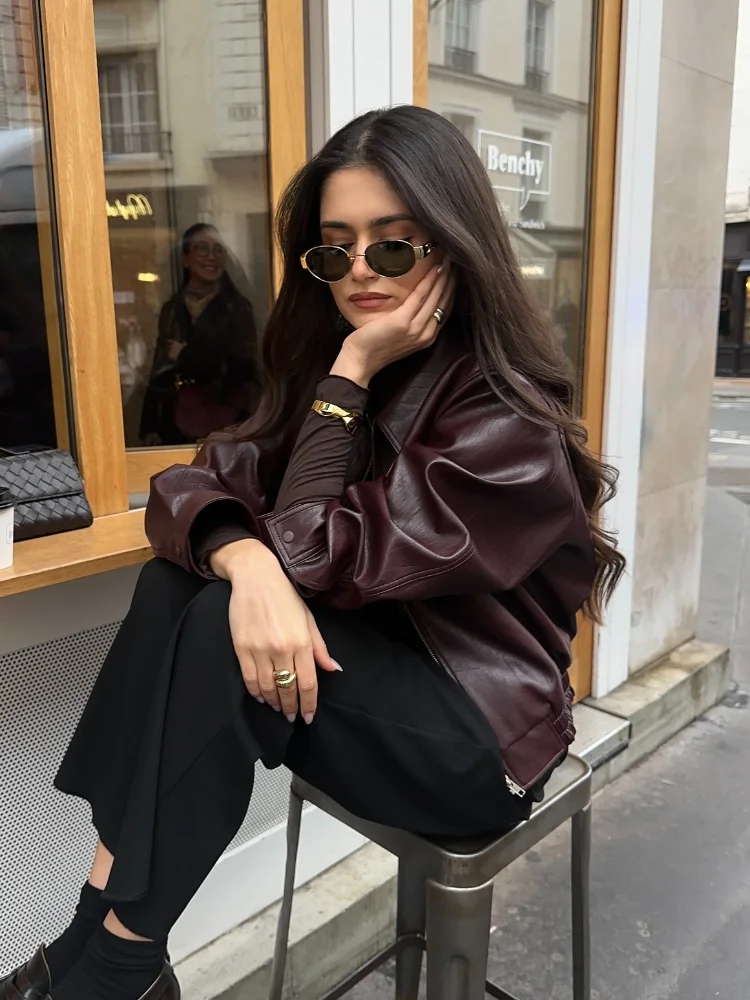 2024 Burgundy Chic Women's Lapel Leather Short Coat Vintage Zipper Front High Street Bomber Jacket New Autumn Female Outerwear ﻿