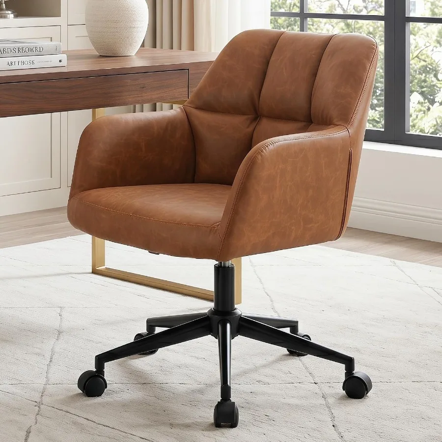 Brown Leather Desk Chair Office Chair with Mid Back Support Armrest, Adjustable-Height 360 Swivel Rolling Task Chair Home Offic