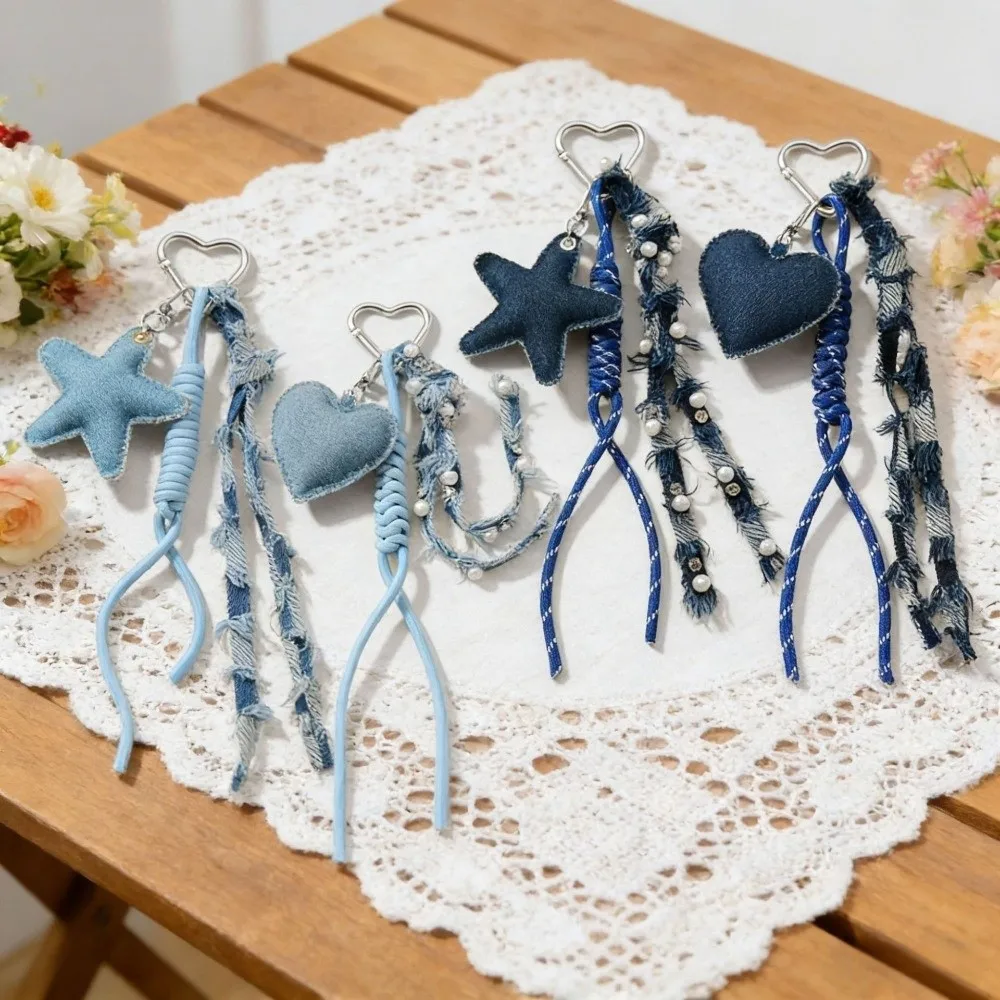 Distressed Frayed Denim Keychain Pearl Tassel Denim Style Bag Charm Star Heart Pendant Ribbon Bag Pendant for Women Ladies Bag