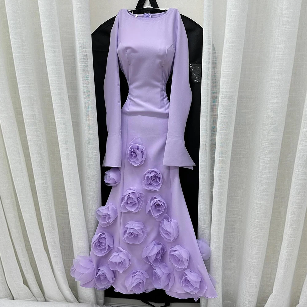 

Customized A-line Evening Dresses Floor-length Scoop-neck Full Sleeve Prom Gown Fashion Flowers Simple Draped Casual Party Gown