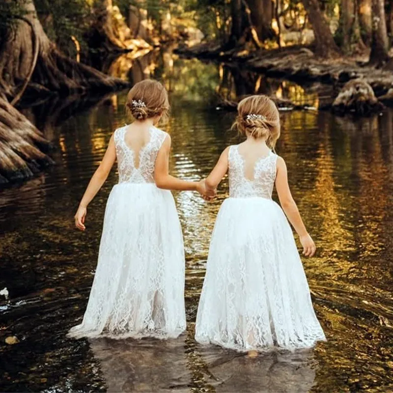 Girl Family Set Princess Dress White Lace Long Dress Wedding Flower Children Open Back Wedding Dress Girl Elegant Evening Dress