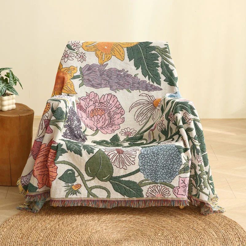 

Lightweight Woven Flowers Sofa Blanket Indoor Couch Throw Cover Art Tapestry Dual Use Wall Hanging Outdoor Picnic Ground Sheet