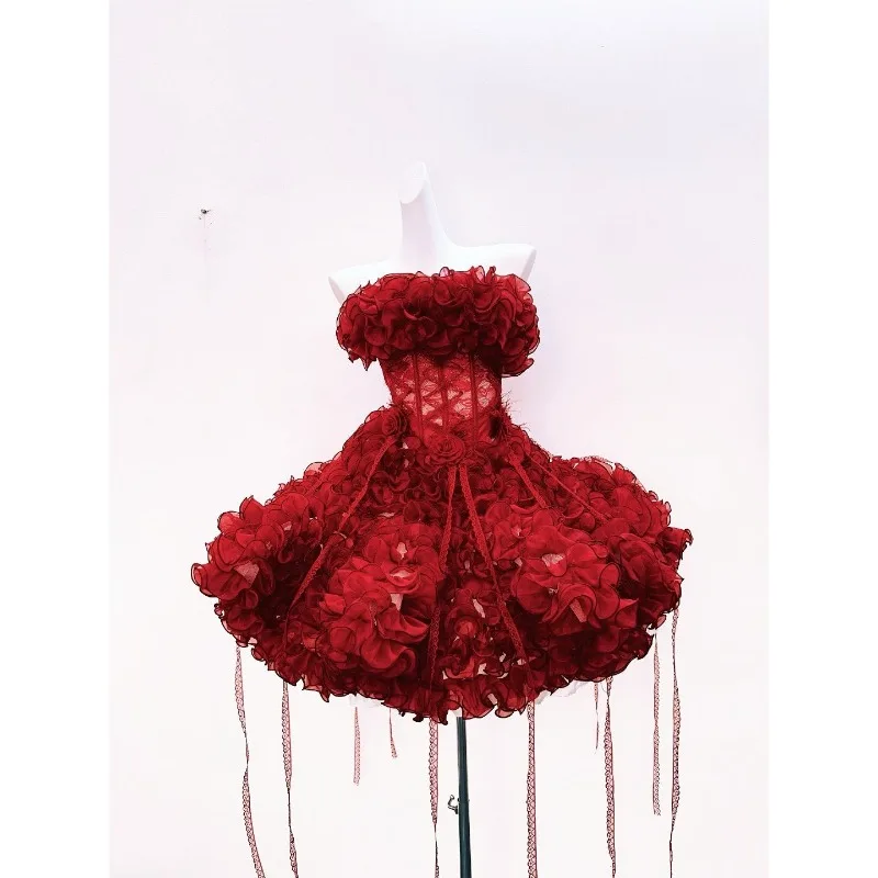 Red 3D Floral Embroidery Mini Dress Slim Fit Romantic Ruffle Mesh Dress Elegant Sweet Outfit for Date Party Evening Occasions
