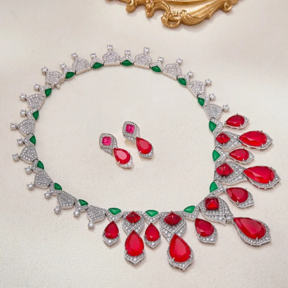 Vintage Fashion Style Earrings Necklace Women Lady Inlay Colorful Drop-shaped AAA Cubic Zircon Wedding Party Fine Jewelry Sets