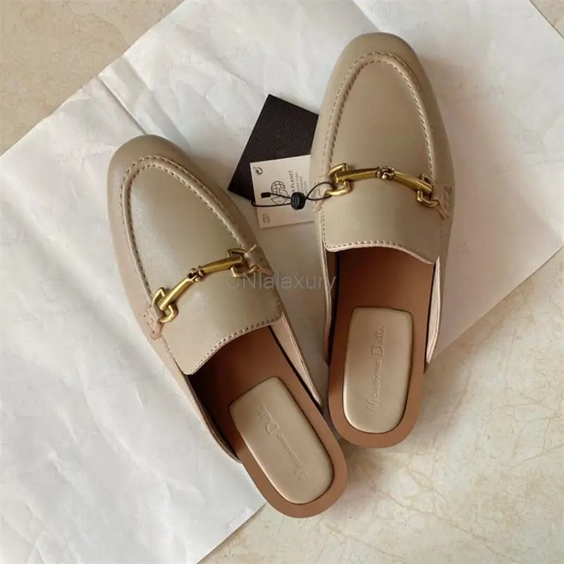 CNlalaxury 2024 New Summer Women Genuine Leather Metal Buckle Decoration Shoes Flat Mules Casual Sandals Simple Shoe Female