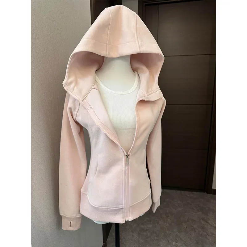 

LIBIELIY Pink Hoodie Women's Spring Autumn Short Style Waist Cinched Jacket Yoga Wear Top Small Size With Pocket Full Sleeve Cot