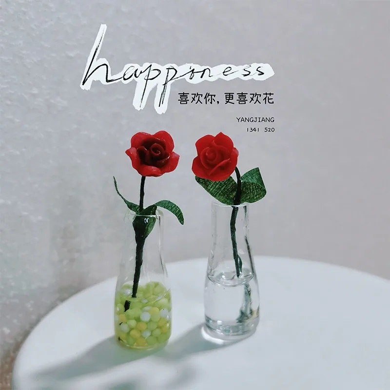 Miniature Lily and Rose Flower Arrangement Pottery Glass Bottle 1:12 Ob11 Baby House Decoration